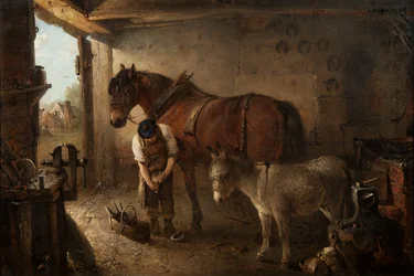 Un maréchal-ferrant ferrant un cheval de labour, avec un âne, dans une forge
